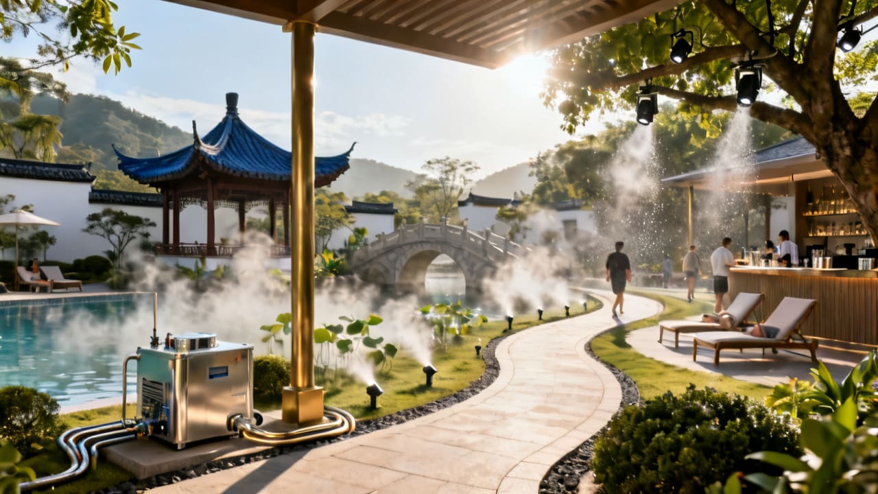 东莞某度假酒店庭院雾森降温系统清凉降耗案例